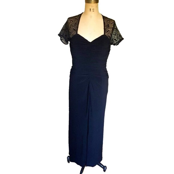 Joseph Ribkoff formal maxi gown cocktail dress, rouched, lace fitted, black M - Picture 3 of 12